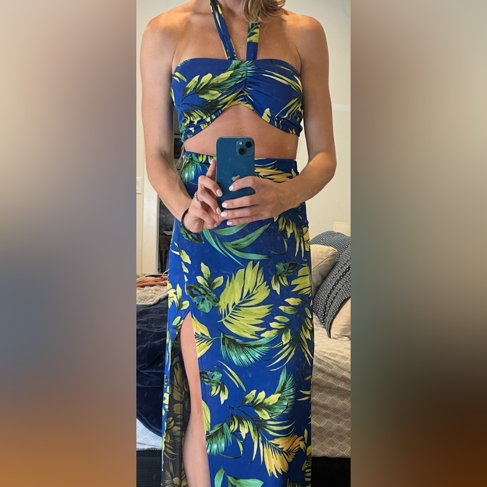 Tropical Blue and Green Maxi Skirt and Top Set - size small